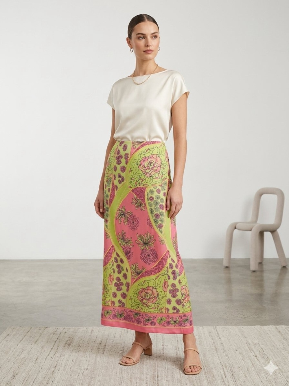 Sag Harbor Pink and Lime Floral Maxi Skirt